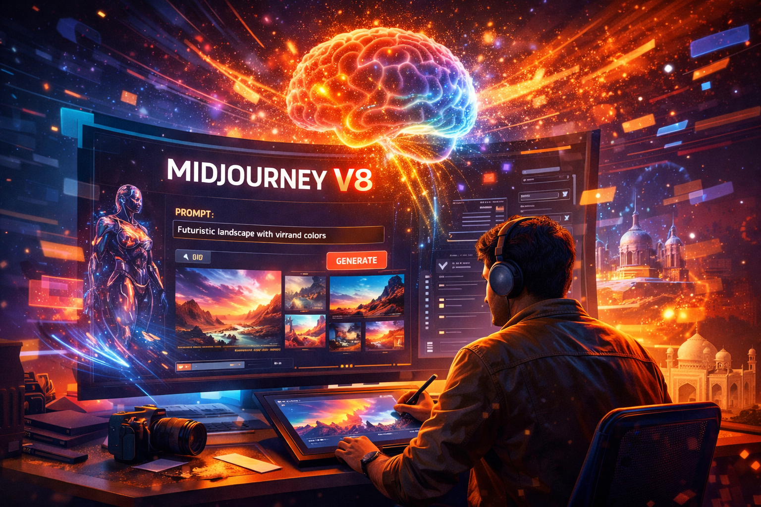 Indian graphic designer using Midjourney V8 AI art tool on futuristic computer screen with glowing neural network brain and vibrant generative design interface.